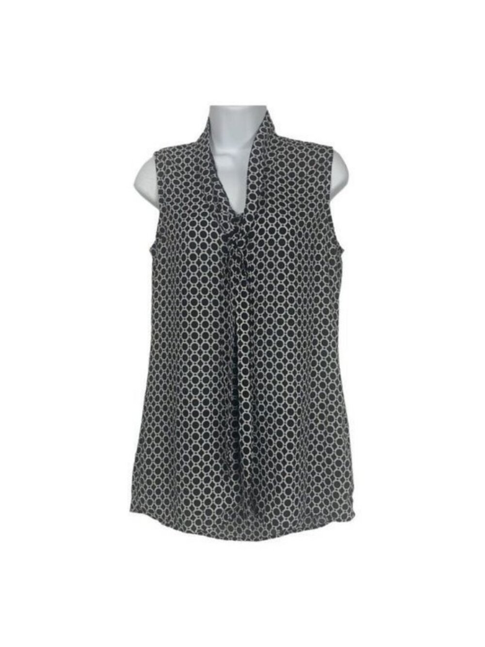 Tacera Womens Circle Print Sleeveless Tie Neck Blouse Small Black & White
